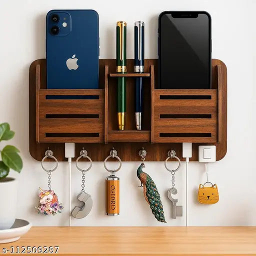 Craftzo Premium Phone Stand Brown Wood Key Holder  (6 Hooks, Brown)