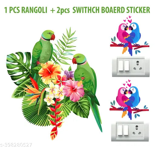 Vastu Green Parrot & 2 pcs switch board stickers Self Adhesive Paper Wall Sticker Poster - (Multicolour), Beautiful Flower & Parrot Rangoli