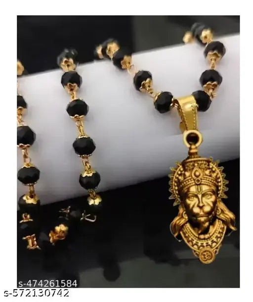 hanuman ji face pendant with gold  plating  , black moti mala chain   for men and women both | religious  bajrang bali ji  gold  locket with spritual powers to protect  humans from negativity /02