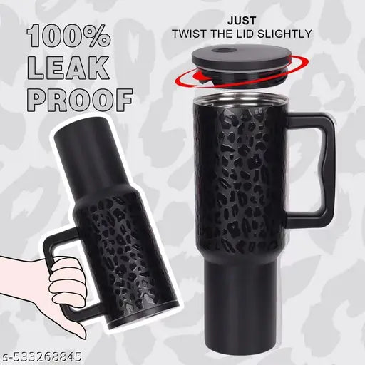 Tumbler with lid and Straw 1200ML Cup Stainless Steel Vacuum Insulated Tumbler for Water, Iced Tea or Coffee 1.2L Office Gym Travelling (40-Oz-Leapard Black)
