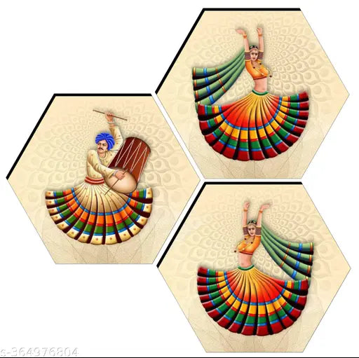Meera Art & Craft Set of 3 Rajasthani Dance Modern art self adeshive Hexagon Home decorative gift item wall painting for living room , office , hotel MDF framed painting 17 inch X 17 inch(pack of 3 )