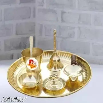 EliteTouch  7 Piece Brass Pooja Kit – Lota, Diya, Bell, Spoon Set  traditional puja items,pooja thali combo,festival puja thali set
