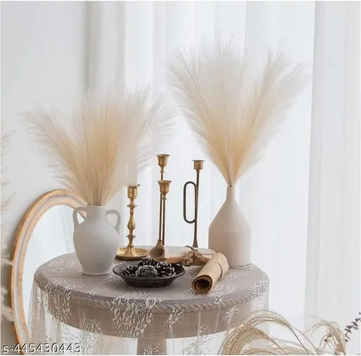 TS ARTS & CRAFT 3 Pcs Faux Pampas Grass Small Fluffy Artificial Flowers Fake Flower For Vase Pot, Home Decoration, Festival Decor, Durga Puja, Navaratri, Gift, Art & Craft, Bedroom, Balcony, Office Corner, Living Room, Wedding, Side Table Centerpiece (Pac