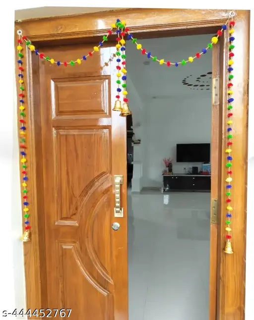 Handmade Wall Door Multicolor Pom Pom String with Golden Beads, Big Bell Hanging Torans Garland Bandhwar Decoration Item for Home Décor Diwali Festival, Navratri, (5 FT)