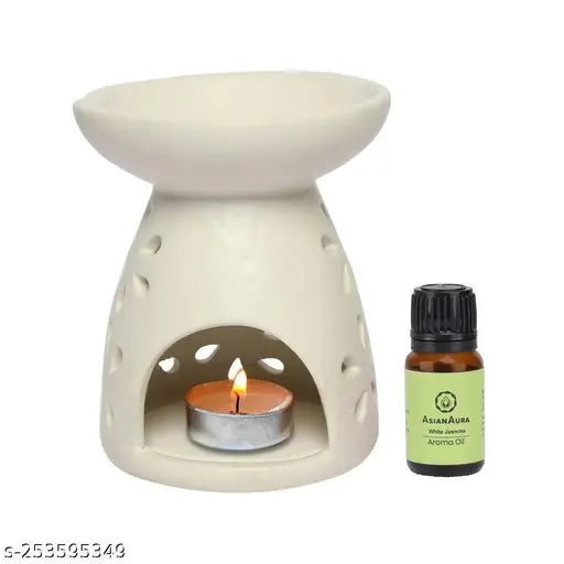 Candle Diffuser for Home Fragrance, Aroma Oil Burner with 1 T-Light & 1-10 ml Aroma Oil -Fragrance White Jasmine (White Diffuser Pot)