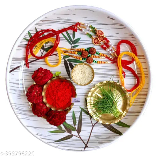 Pack of 9 light weight Brass Pooja Thalis & plates Set for worship, Plate, Glass and Bowl set