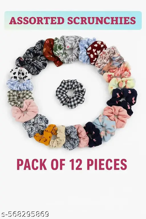 ASSORTED 12pcs Hair Scrunchies Chiffon Elastic Floral Hair Bands Scrunchy Hair Ties Ropes Scrunchie Simple Multi-Colored Hair Accessories Set for Women or Girl (Multy Design) Club Rubber Band.