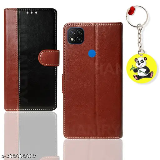 HANIRY Leather Magnetic Vintage Flip Wallet Case Cover for Redmi 9C folding cover | M2006C3MG folding cover | Free Panda Keychain | Black, Brown
