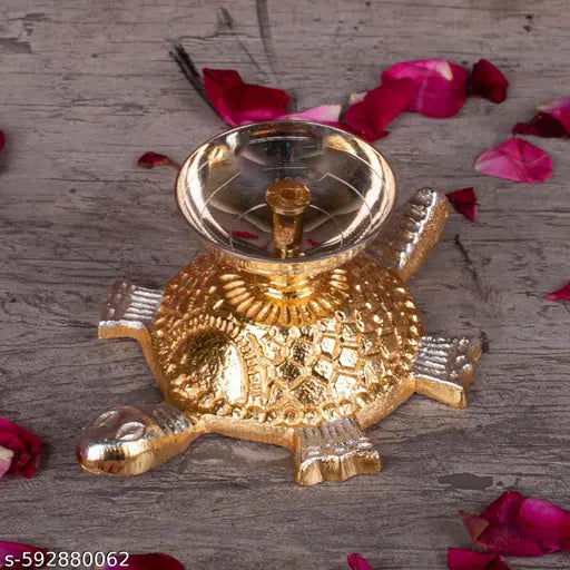 Collections Tortoise Akhand Brass Diya Oil Lamp, Brass Diya with Metal Turtle Base, (4.5 Inches Length, Multicolor) PACK OF 1