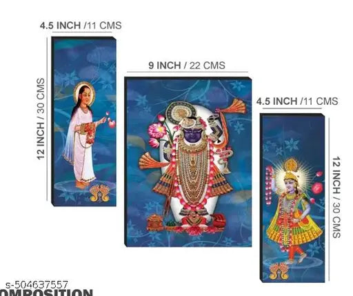 Aarav Art Gallery Shrinathji with Yamunaji and Mahaprabhuji Nathdwara Religious 3 Piece MDF Painting Home Decor  Wall painting