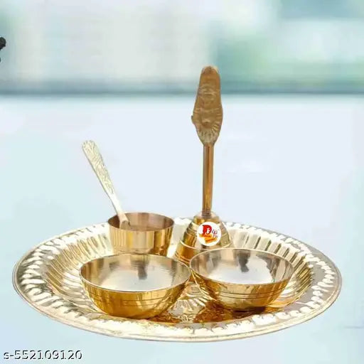 DARIDRA BHANJAN Brass Small Bhog Om thali set, Puja Bhog thali set, Ladoo Gopal Bartan Set, Bhog Thali Set with 2 Katori, 1 Glass, 1 Spoon Ghanti Decorative Set for Home Temple Decor, puja article.