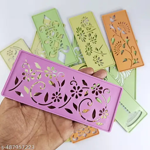 Different Design Ready to Draw Rangoli Making Stencils, Rangoli Plastic Stencils for Floor Decoration (Set of 12, Size 3x7 Inch)
