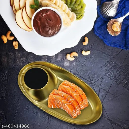 VATTU Kitchen Stainless Steel Snack Plate Grid Oval Cutlery Sauce Plate Western Food French Fries Fried Chicken Dim Sum Plate Split Plate Oval Camping Adult Snack Plate (Gold)