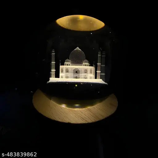 3D Taj Mahal Crystal Ball USB Night Light, 6 CM Glass Ball Night Lamp with Woodern Base, Decorations Gifts for Men & Women Meditation or Relaxation #HR ENTERPRISES