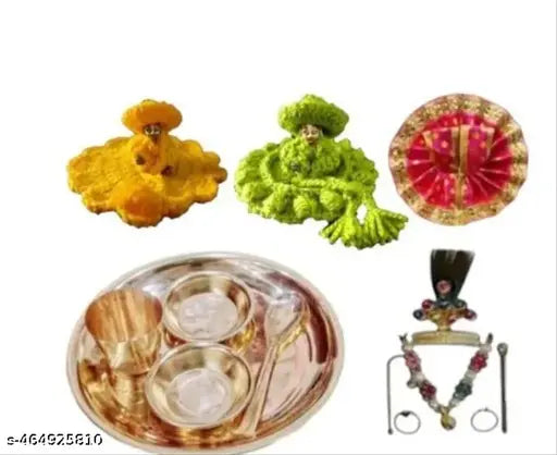 Pack of  5 Laddu gopal bhog thali with 2 woollen dress 1 poshak 1 sringar