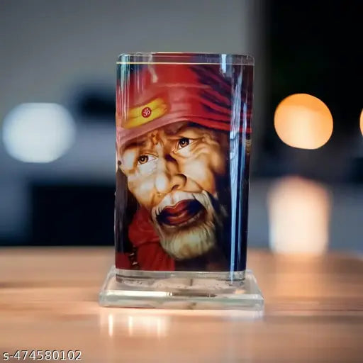 Saibaba face Big Glass Acrylic Photo for home decor, car dashboard stand art gallary, show piece, godHindu Deity Figurine for Decor & Puja. photo for Good Luck photo for decor and worship - Spiritual/Religious photo