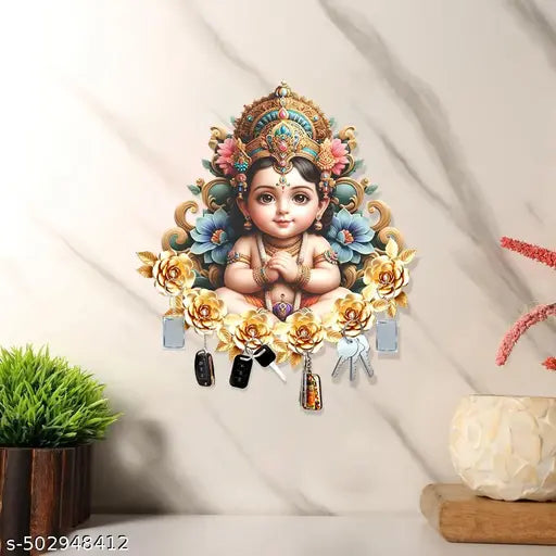 Kalasagar Premium Little Krishna Wooden Wall Key Holder, Key Hanger for Living Room | Home Decor | Office Gift Items - 11.5' x 9' Inch Multi, (Pack of 1)