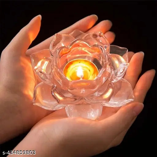 CROCKERY MALL Premium Glass Lotus Flower Tea Light Candle Holder  Exquisite Crystal Diya for Diwali  Perfect and Creative Decoration in Dipawali, Christmas, Eid, Wedding Party  Best Gift Pack of 1 pcs