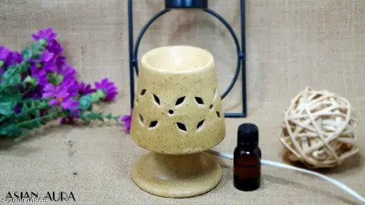 Handcrafted Ceramic Electric Aroma Diffuser Oil Burner| Aroma Oil Diffuser for Home with Aroma Oils, Lamp Shape-Brown Color (English Lavender & Rosy Romance Fragrance 10ml Each)
