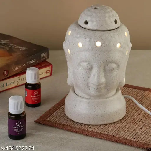 Buddha Shape Aroma Diffuser for Home Fragrance| Aroma Burner for Aromatherapy| Home Decor| Aroma Oil Warmer electric Ceramic Diffuser for Room Fragrance (Set of 1, Fragnance-Rosy Romance, English Lavender 10ML Each)