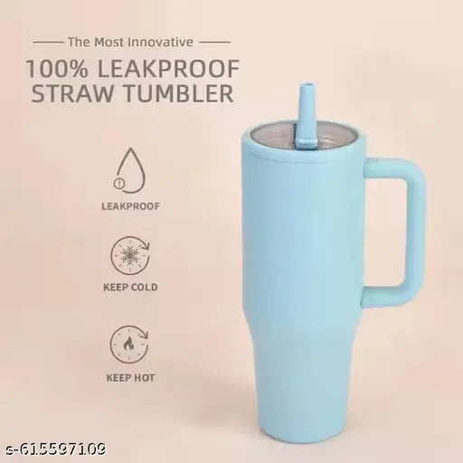 1200ML Tumbler with Handle & Simple Flip Straw - Car Cup Holder Friendly, Leak Resistant Water Bottle-Reusable Insulated Stainless Steel & Rubber Base ( sky blue)