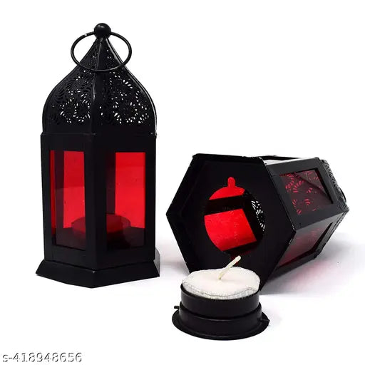 Majestic Decors - Metal Black & Red Lantern Diyas & Lanterns