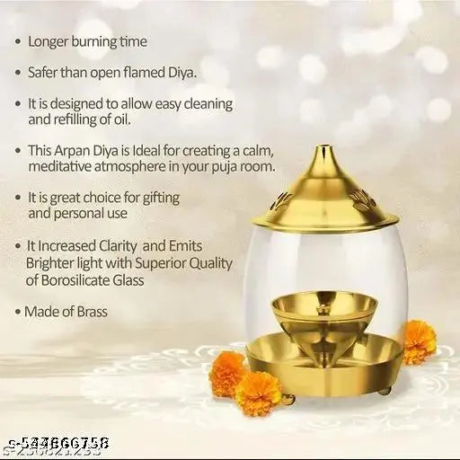 Diya 6 Inches Brass Akhand Deepak Diya for Pooja with Borosilicate Glass Cover Oil Brass Lamp Diya Puja Perfect for Diwali Gifting and Home Decor (Arpan 6 Inch)