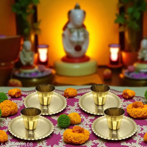 Traditional Puja Thali Set with Glass – Brass Finish | Ideal for Home Temple - 8 Pcs set