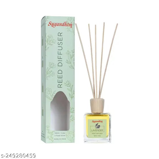 Sugandhim Reed Diffuser Lavender, 1 x 100ml & 5 Reed Stick, Non Alcoholic, Living Room, Washroom, Bedroom, Study Table, Office, Gifting Set, Easy To Use, Chemical Free, Mood Lifter, Pleasant Fragrance, Blue Gold, Musky, Aroma, Maintenance Free, Risk Free,