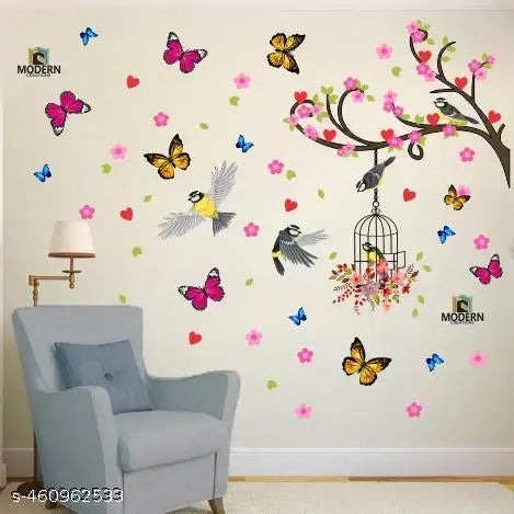118 CM x 30 CM  Modern Creations PVC- Self Adhesive Decorative Floral Bird Cage Butterflies Lamp Wall Sticker Anti Oil, Waterproof