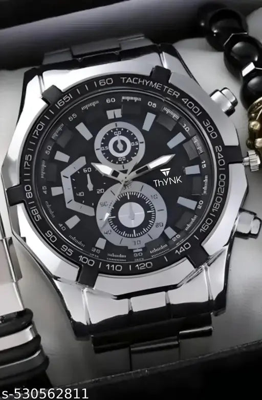 THYNK BLACK DAIL NEW DESIGNER ROUND STIANLESS STEEL SILVER ADJUSTABLE CHAIN Analog Watch - For Men