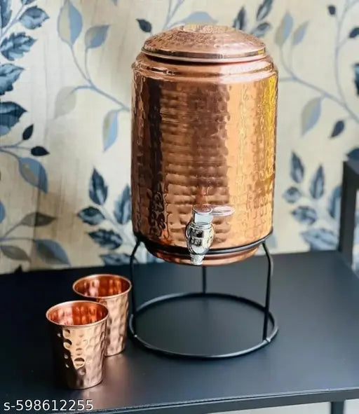 Design World Copper Plated 5 Liter Hammered Water Dispenser stainless steel (Matka/Pot) with Stand and Two Copper Glass Container Pot(5000 ml) Copper bottle Copper glass Copper jug Copper mugs Copper itam Copper matka