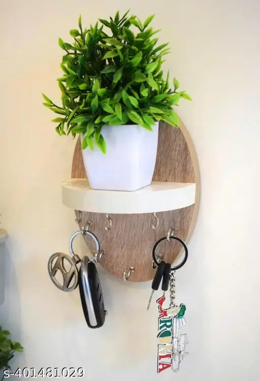 Key Holder for Home | Wall Stylish Key Stand | Key Chain Holders for Wall | Key Hanger | Free Artificial Plant Pot | 8 Hooks (Oval)