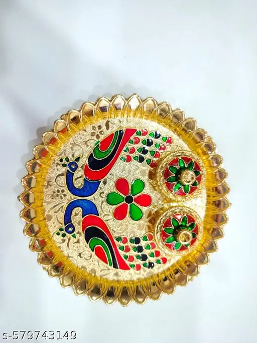 HOMETIC DECOR Pooja Thali Set  Peacock Printed  Handcrafted Meenakari Decorative Gold Plated Multicolor Puja Thali with Haldi  Kumkum Chandan Holders Ideal for Rakhi, Diwali,Home Mandir, Wedding Return Gift  Rakhi Gift for Bhabhi Festivals & Daily Prayer