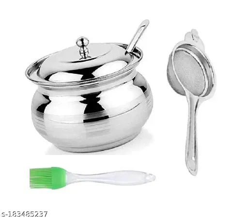 Stainless Steel Ghee Pot With Mini Oil Brush Only and Steel Tea and Gift , Pack of 2