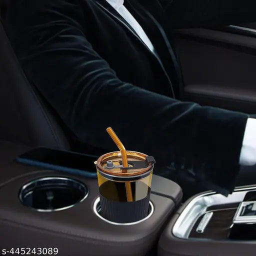 450ML Coffee Drinking Glasses with Lids and Glass Straw With Leather Cover Glass Tumbler Mug for Cold & Hot Drinks, Tea, Coffee, Water, Soda, Cocktail Gift_(PACK OF 1)_Multicolor