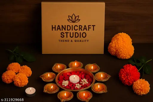 Handicraft studio Metal Urli for Decoration in gold Colour 10 Diya pack of 1 Diwali Decor / home decor