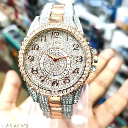 Turkish fashionable Full diamond analog copper silver Luxury analog watch -for men and boys Pack of 1