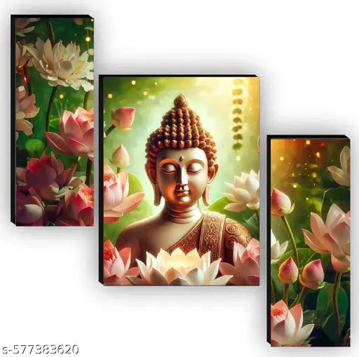 KKArt Set of 3 Lord Buddha Modern art self adeshive Home decorative gift item wall painting for living room , office , hotel MDF framed painting 12 inch X 18 inch(pack of 3 )