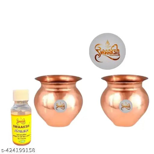 SWAAKSH Pure Copper Small Kalash Lota for Temple and Pooja articles Purpose Small Kalash Design 150 ML 2 Piece Copper Kalash Pure Copper Kumkuma Kalash Lota with Line Design for Diwali Pooja Festival Home Decoration With Free Haridwar Bhramkund Gangajal (