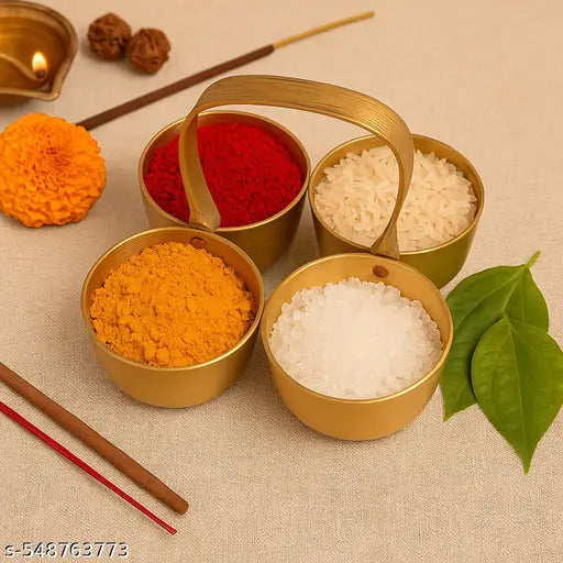 Brass Pooja Thali Set with Haldi Kumkum Rice Mishri | 4-in-1 Pooja Samagri Bowl Set with Handle | Temple Ritual Item for Home & Festival Use