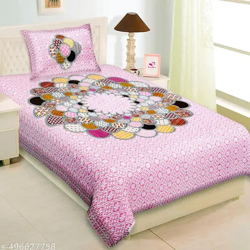 Jaipuri Printed Cotton Single Bedsheet With 1 Pillow Cover