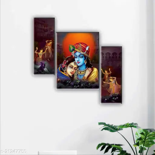 SAF Set of 3 Radhe Krishna UV Textured self adeshive Home Decorative Gift Item Painting 18 Inch X 12 Inch