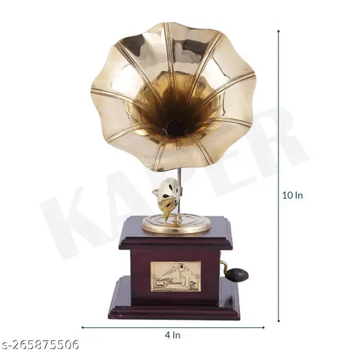 KAPER Gramophone Showpiece for Home Decor Antique Wooden Vintage Brass Showpiece Items for Living Room, Kitchen, Gifts
