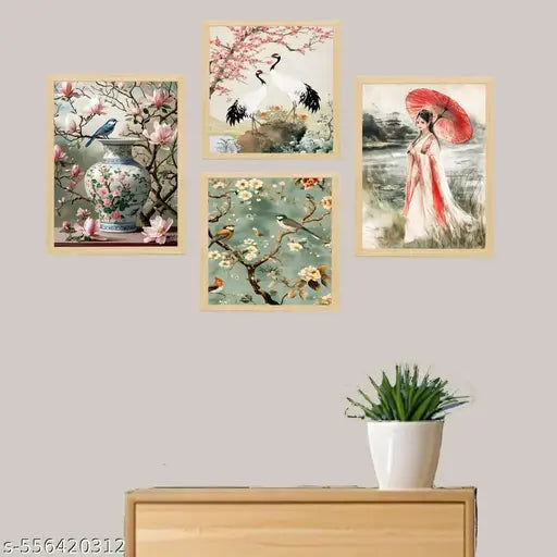 Premium Nature Japanese Style Pictures with Frame set for Wall decoration- Paintings for Home office decor (10x13 inch, small)