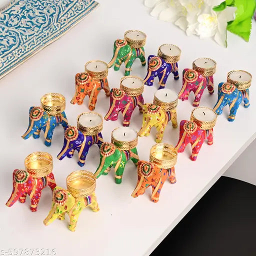 Set of 10 Multicolor Rajasthani Elephant Tealight Candle Holders | Decorative Diya Stand for Home Décor, Festivals, Weddings & Gifting