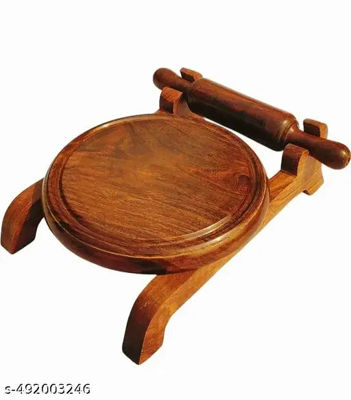 HomEnrich Brown Wooden Chakla Belan with Stand Lightweight and Traditional Kitchen Chakla Belan