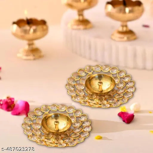 SANSKAARI -  Brass Crystal Diya Round Shape Deep Akhand Jyoti Oil Lamp for Home Temple Puja Decor Gifts Set of 2