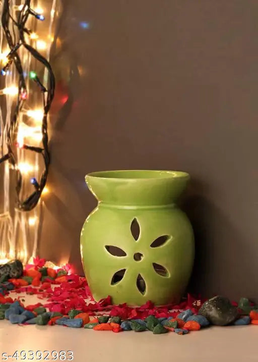 Breezy Aroma Ceramic Light Green Candle Diffuser - Aroma Lamp - Aroma Diffuser  (3.25 H x 2.4 W Inch )