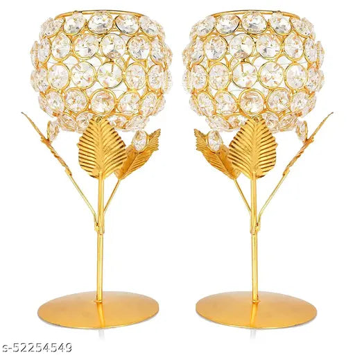 GnS Crystal Designer Tealight Holder Set | Candle holder Stand | Diya for Diwali/home decoration (Gold, Pack of 2) (20x10x10cm)